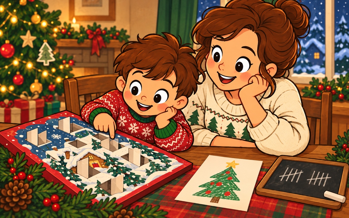 Dospělý s dítětem si prohlížejí papírový adventní kalendář; vedle něj leží obrázek a několik křídových značek.