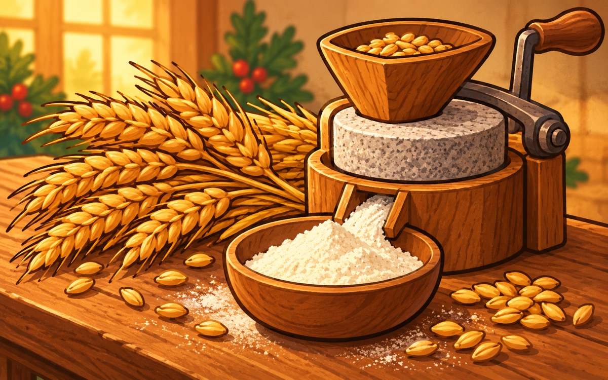 Symbolická ilustrace zlatých klasů pšenice vedle ručního mlýnku.