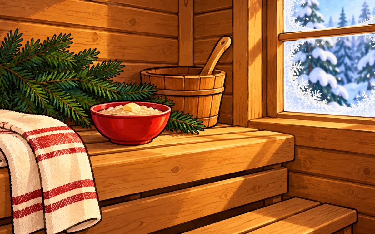 Dřevěná sauna v měkkém zimním světle; na lavici stojí malá miska kaše.