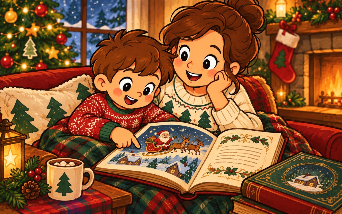 Rodič a dítě si společně prohlížejí vánoční knížku s obrázkem Santy; konceptuální ilustrace