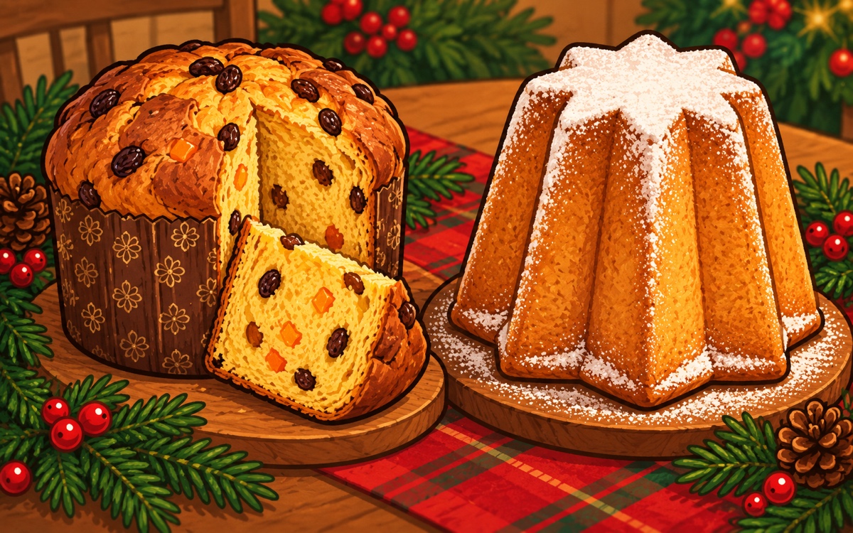 Panettone s rozinkami a kandovaným ovocem vedle pandora ve tvaru osmicípé hvězdy posypaného cukrem.