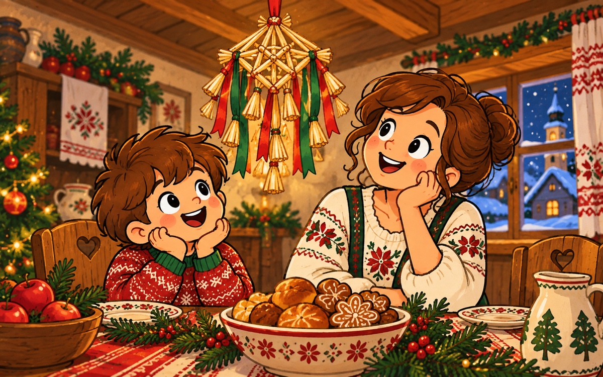 Ilustrativní slaměná ozdoba s červenými a zelenými stuhami nad vánočním stolem; maminka s dítětem k ní vzhlížejí.