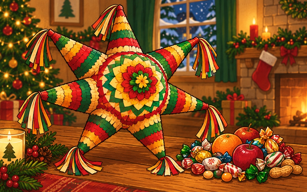 Barevná sedmicípá piñata a vedle ní ovoce a sladkosti, které tvoří její náplň.