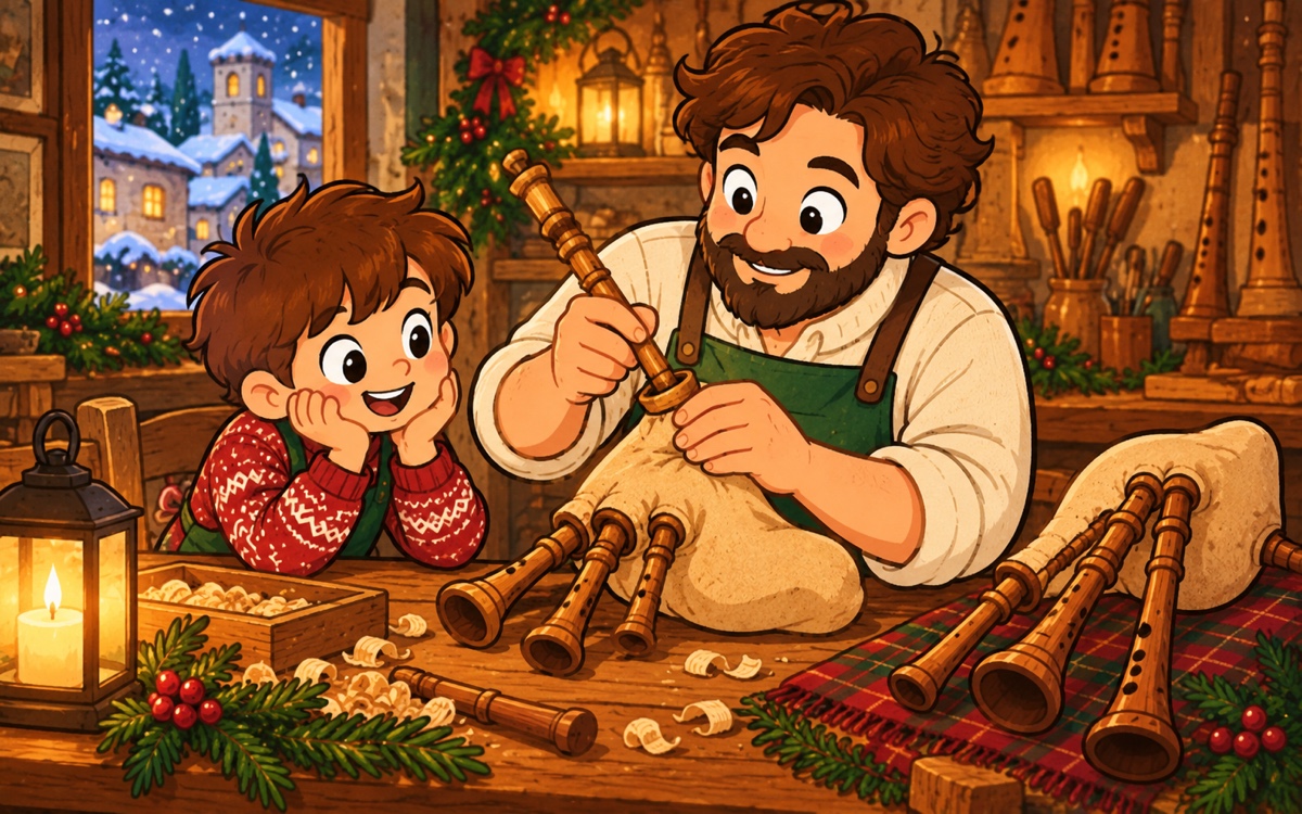 Ilustrace řemeslníka při práci na zampogně a mladého učně, který pozoruje její části.
