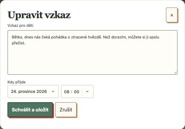 Rodič má text před sebou a sám ho schvaluje. Autentický editor se smyšleným příkladem bez hodnocení chování.