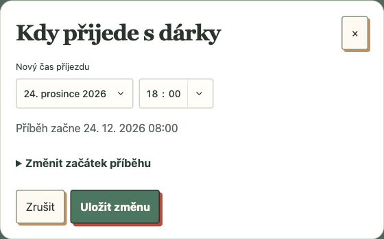 Skutečný editor času příjezdu. Smyšlený příběh má nadílku 24. prosince v 18:00; volíte vlastní místní čas.
