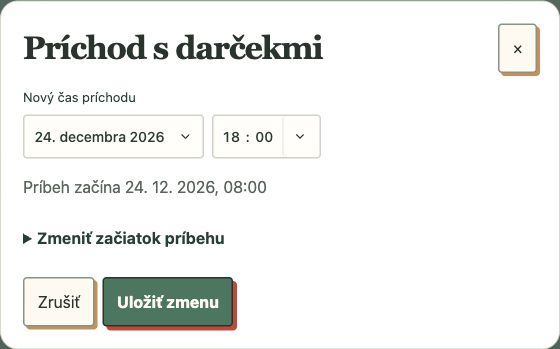 Skutočný editor času príchodu. Vymyslený príbeh má darčeky 24. decembra o 18:00; miestny čas si volíte sami.